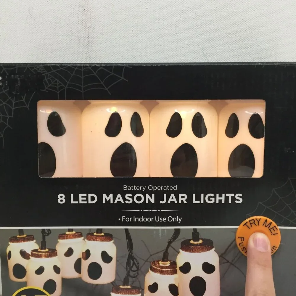 Halloween 8 LED Ghost Mason Jar Lights Indoor Use Decoration Spooky Cute Design